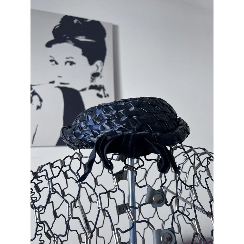Vintage Betmar Black Woven Straw Pillbox Hat with Bow Accent Mid Century‎ Style